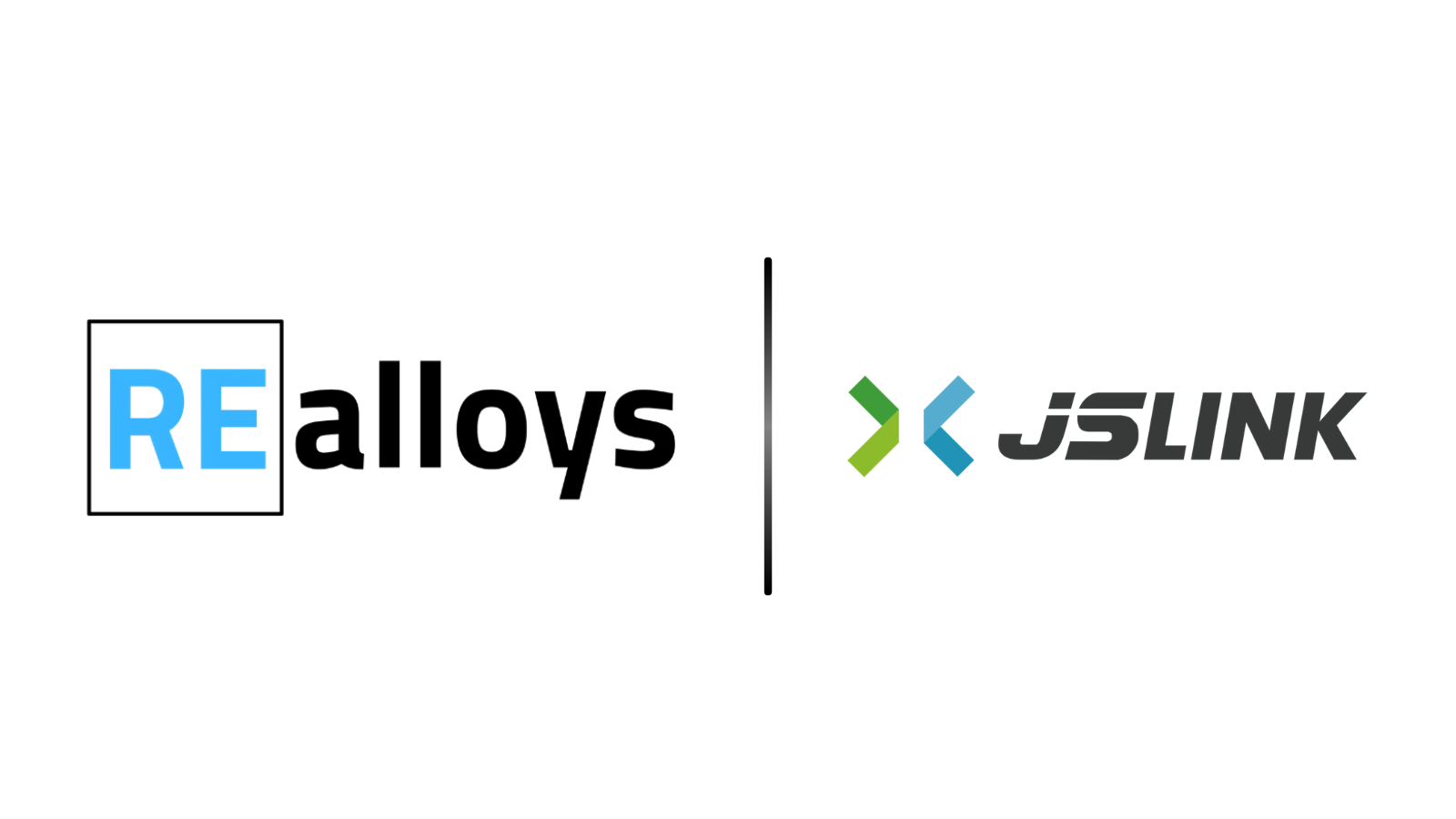 Logo of RE alloys on the left with blue 'RE' in a square, a vertical divider, and the JS LINK logo on the right.
