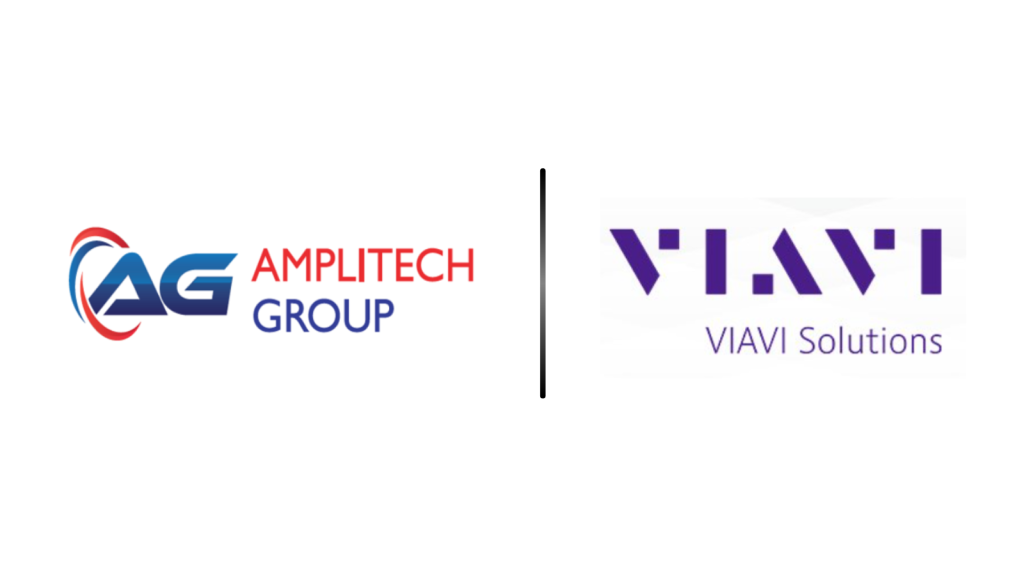 Left: AG Amplitech Group logo with blue A/G and red arc, right: VIAVI Solutions logo in purple; divider bar between them.