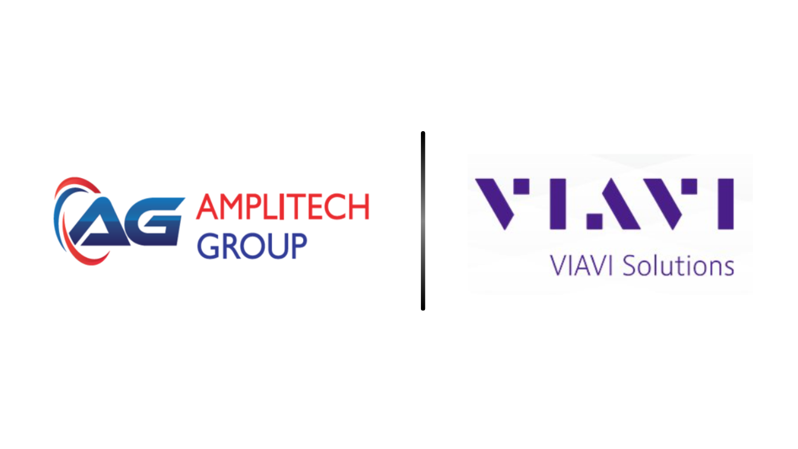 Left: AG Amplitech Group logo with blue A/G and red arc, right: VIAVI Solutions logo in purple; divider bar between them.