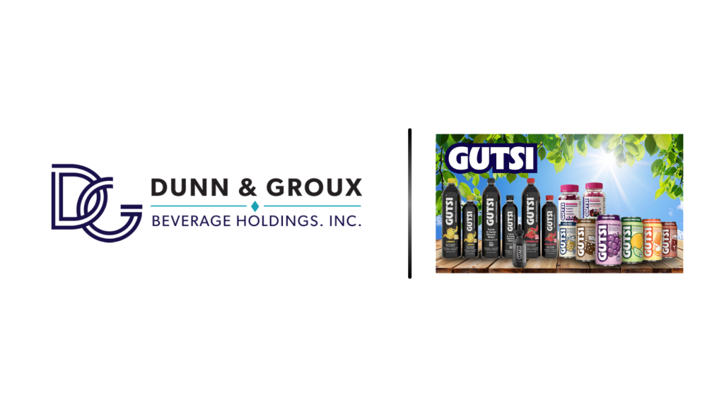 Dunn & Groux Beverage Holdings, Inc. logo with a vertical divider beside a Gutsi beverage lineup graphic.