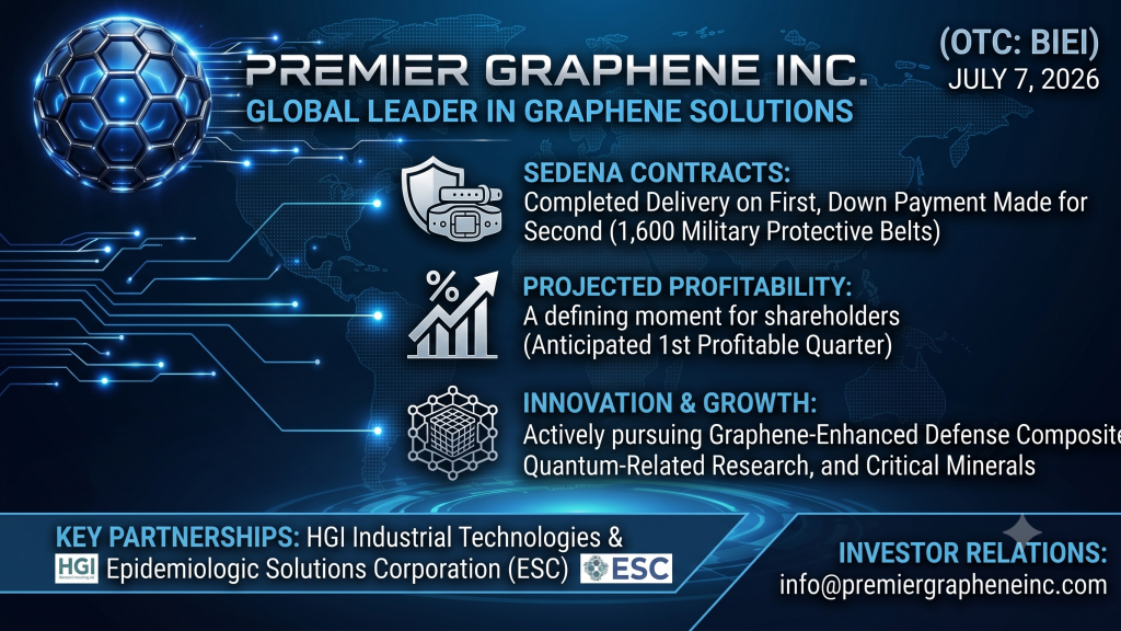 Premier Graphene Inc. (BIEI) makes Down Payment for the Production of a Second SEDENA Contract