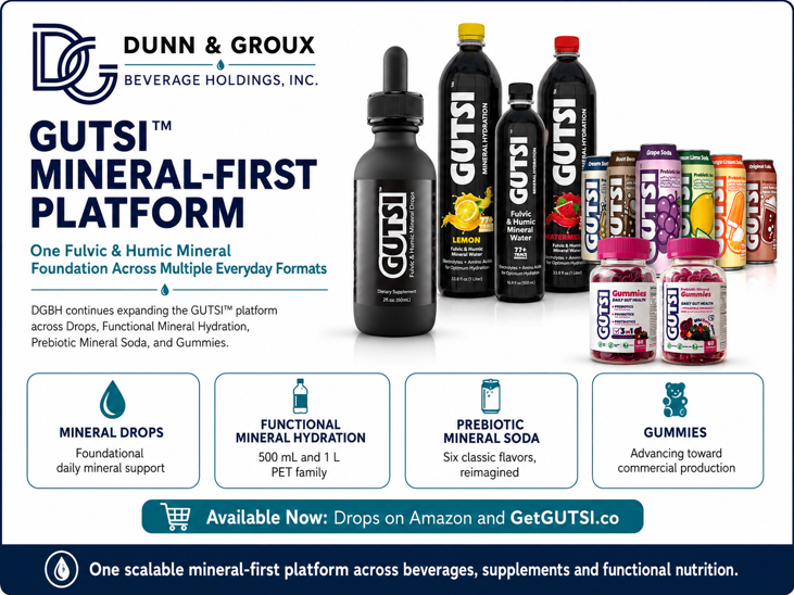 The GUTSI™ mineral-first platform unites Fulvic & Humic Mineral Drops, Prebiotic Mineral Soda, Functional Mineral Hydration and the developing Gummy platform around one common mineral foundation.