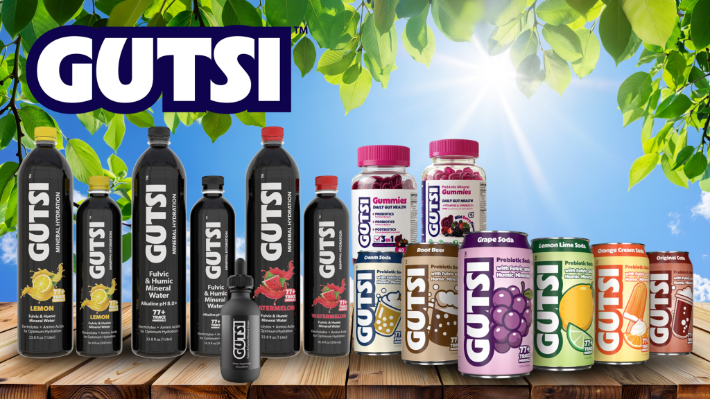 The GUTSI™ beverage and wellness portfolio spans Prebiotic Mineral Soda, Functional Mineral Hydration, Fulvic & Humic Mineral Drops and the developing functional Gummy platform.