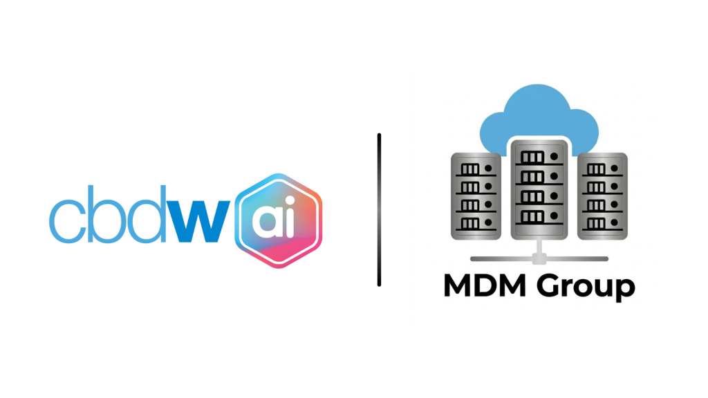 CBDW AI logo on the left (gradient hexagon with 'ai') separated by a vertical divider from the MDM Group logo on the right, which shows a blue cloud atop server racks.
