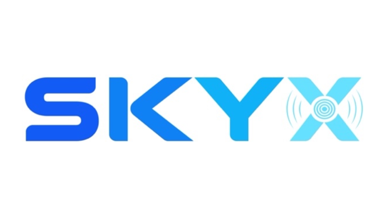 SKYX brand logo in blue gradient with letters S K Y X and concentric signal circles around the X.