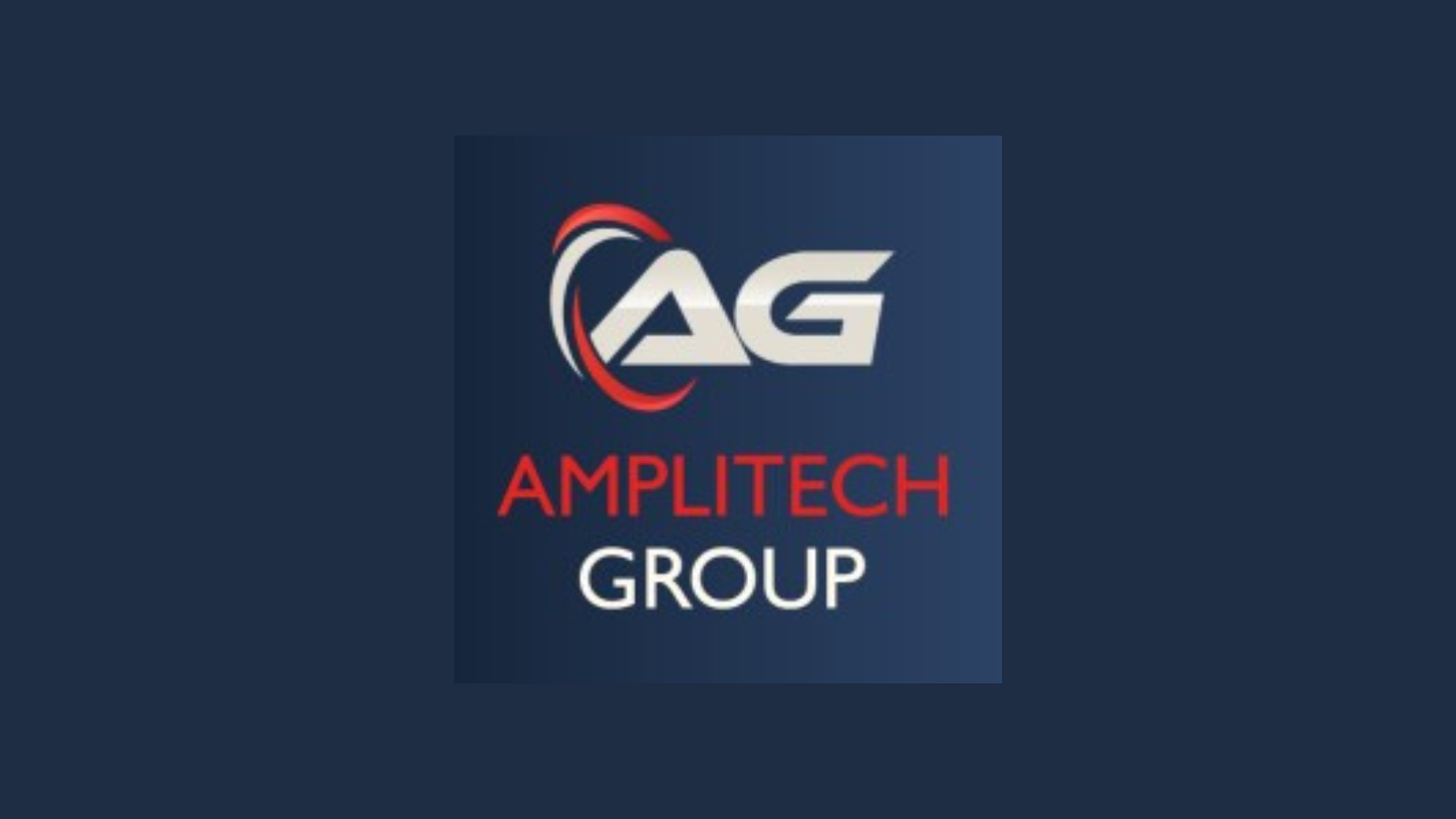 AmplitTech Group logo featuring a white AG emblem and red curved accents on a dark blue gradient background