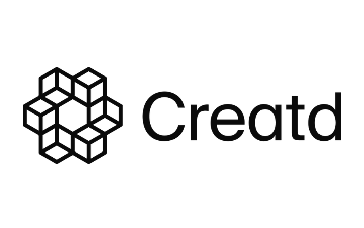 Logo with a black geometric cube cluster to the left and the word Creatd in bold black type, brand mark.