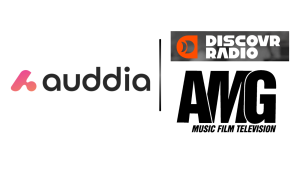 Auddia logo on the left with a pink gradient mark, a vertical divider, and Discover Radio and AMG Music Film Television logos on the right.