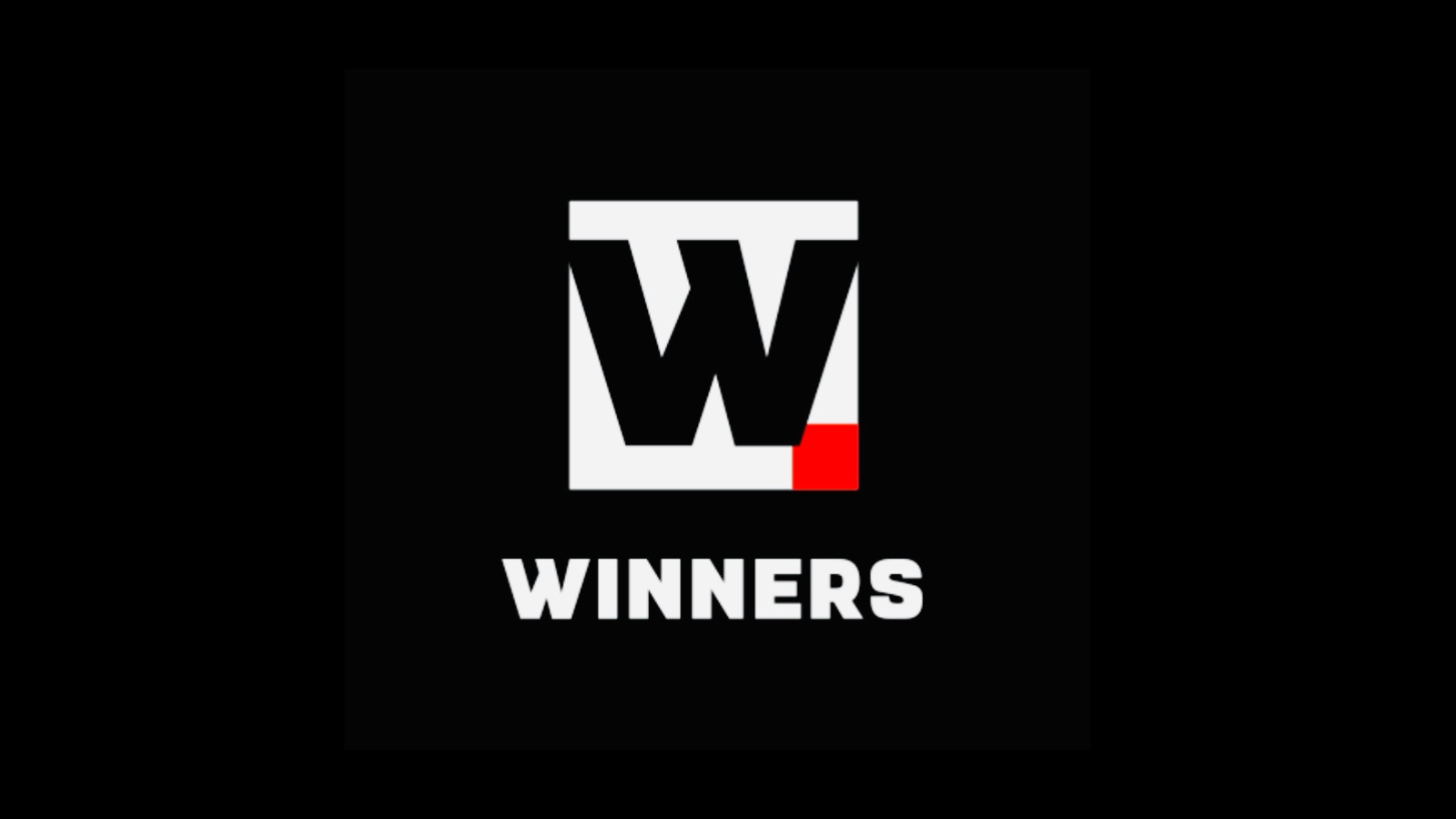 Logo: a white square with a bold black 'W' and a red corner at bottom right, above the word 'WINNERS' on a black background.