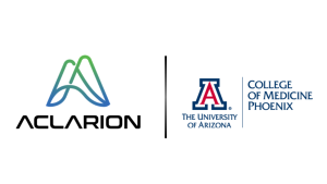 Aclarion logo with a teal-blue intertwined mountain-like symbol next to a divider, followed by The University of Arizona and College of Medicine Phoenix logos, indicating a partnership.