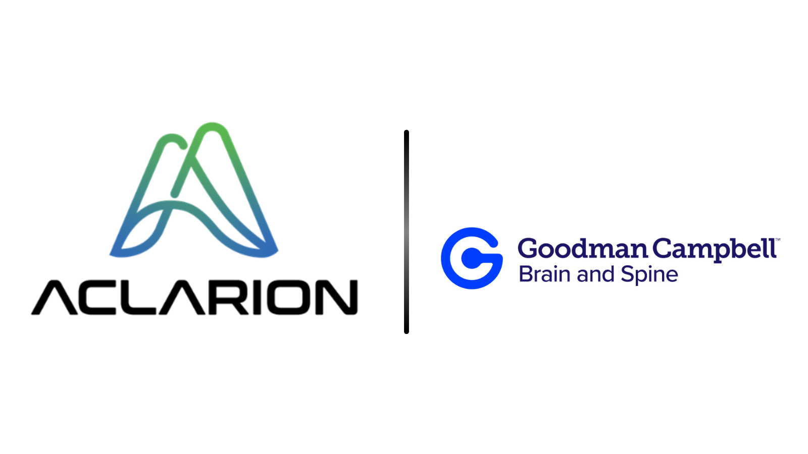 Aclarion logo on the left and Goodman Campbell Brain and Spine logo on the right, divided by a vertical bar.