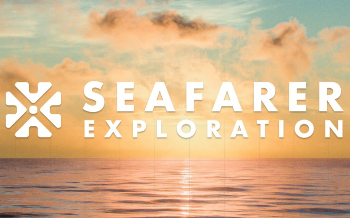 SeaFarer Exploration logo with a white geometric icon and bold text over a sunset-lit ocean horizon.