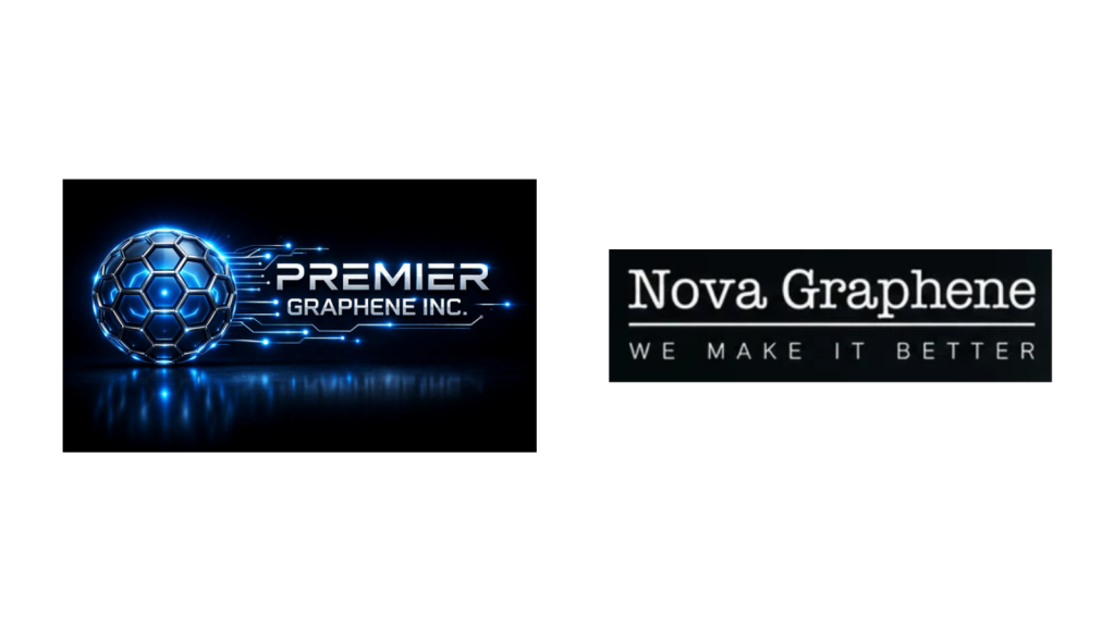 Collage of two logos: Premier Graphene Inc. with a blue hexagonal sphere and circuitry, and Nova Graphene with the slogan 'We Make It Better'.