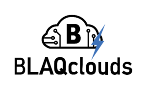 Logo for BLAQclouds featuring a cloud with a bold B, circuit traces, a blue lightning bolt, and the brand name BLAQclouds.