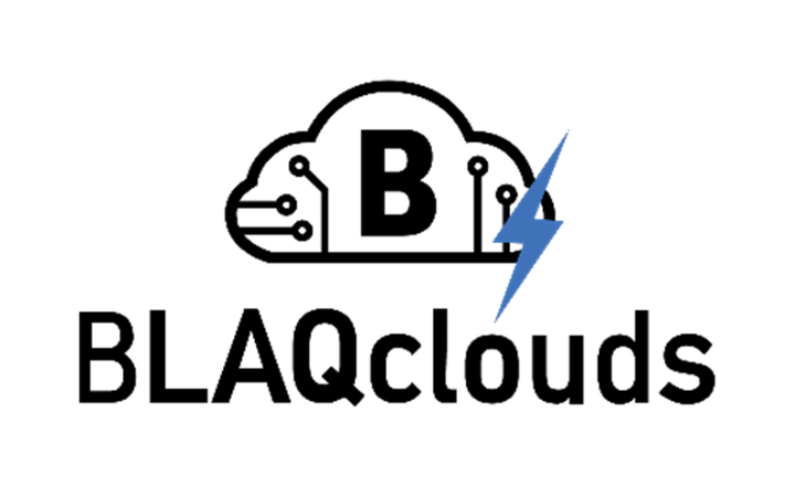 Logo for BLAQclouds featuring a cloud with a bold B, circuit traces, a blue lightning bolt, and the brand name BLAQclouds.