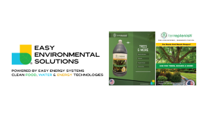 Easy Environmental Solutions logo with the slogan about clean food, water and energy technologies (left), Terreplenish product brochure with trees and soil imagery (right).