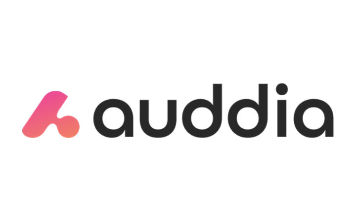 Auddia logo: pink-to-pale gradient abstract mark followed by the word “auddia” in black text.