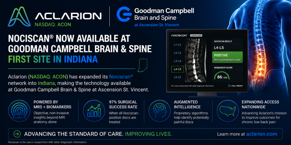 Aclarion Announces Nociscan® Now Available at Goodman Campbell Brain & Spine at Ascension St. Vincent, First Site in Indiana to Offer the Technology