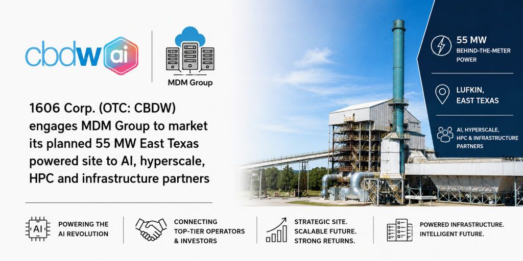 1606 Corp. Engages MDM Group to Market Lufkin 55 MW Powered Site to AI Infrastructure Operators and Strategic Buyers