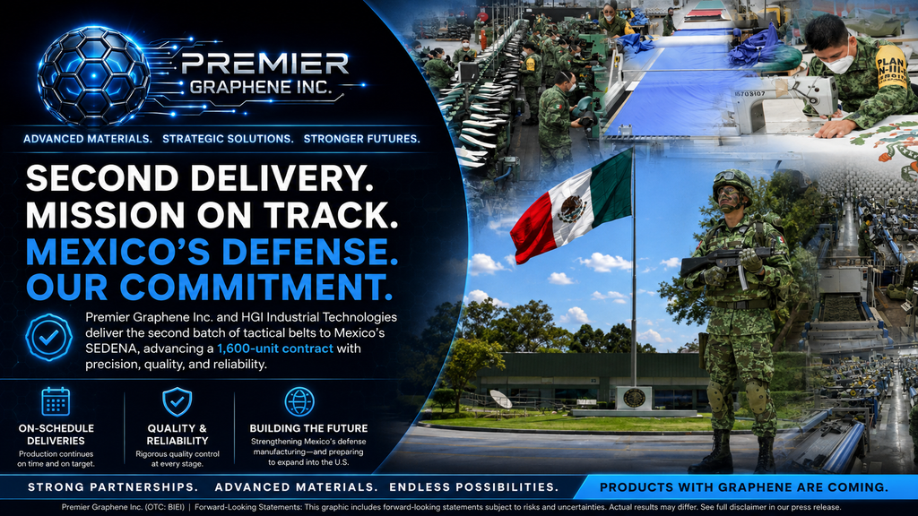 Premier Graphene Inc. and HGI Industrial Technologies Deliver Second Batch of Tactical Belts, Keeping Mexico’s SEDENA Defense Contract on Schedule