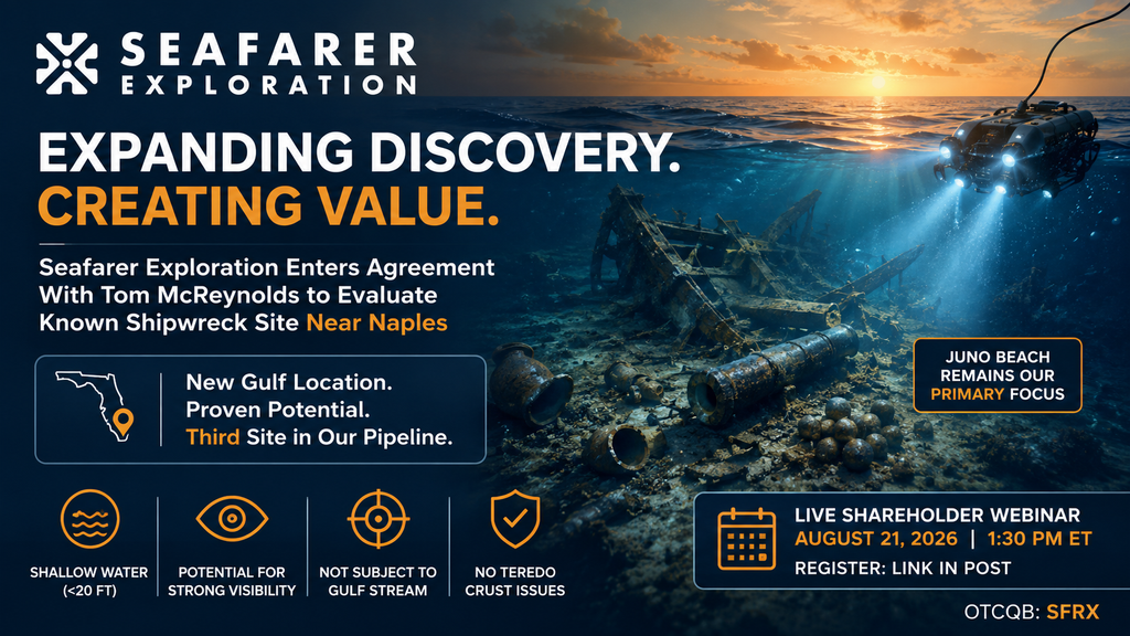 Underwater ROV lights on a sunken shipwreck at sunset; Seafarer Exploration banner with bold headlines about expanding discovery and creating value, plus webinar details.
