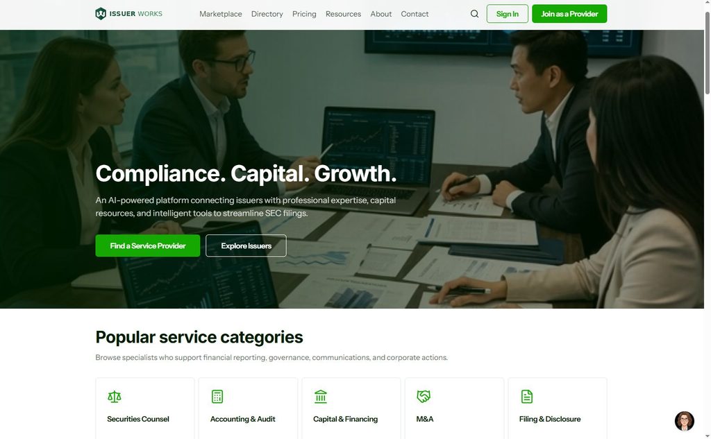 Issuer Works brings together public and private companies, capital markets professionals, and AI-powered tools to support financial reporting, regulatory filings, corporate actions, financing, and growth