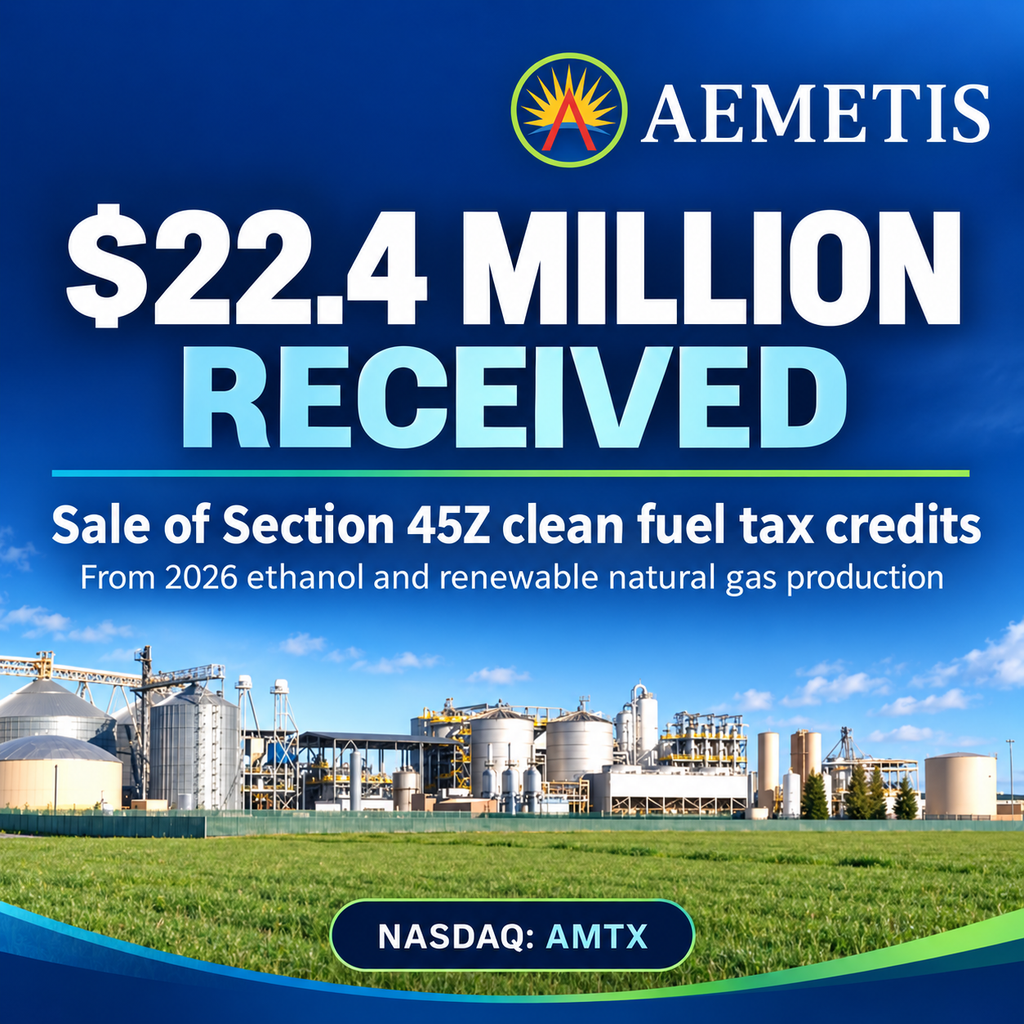 Aemetis Receives $22.4 million from Sale of Section 45Z Clean Fuel Production Tax Credits