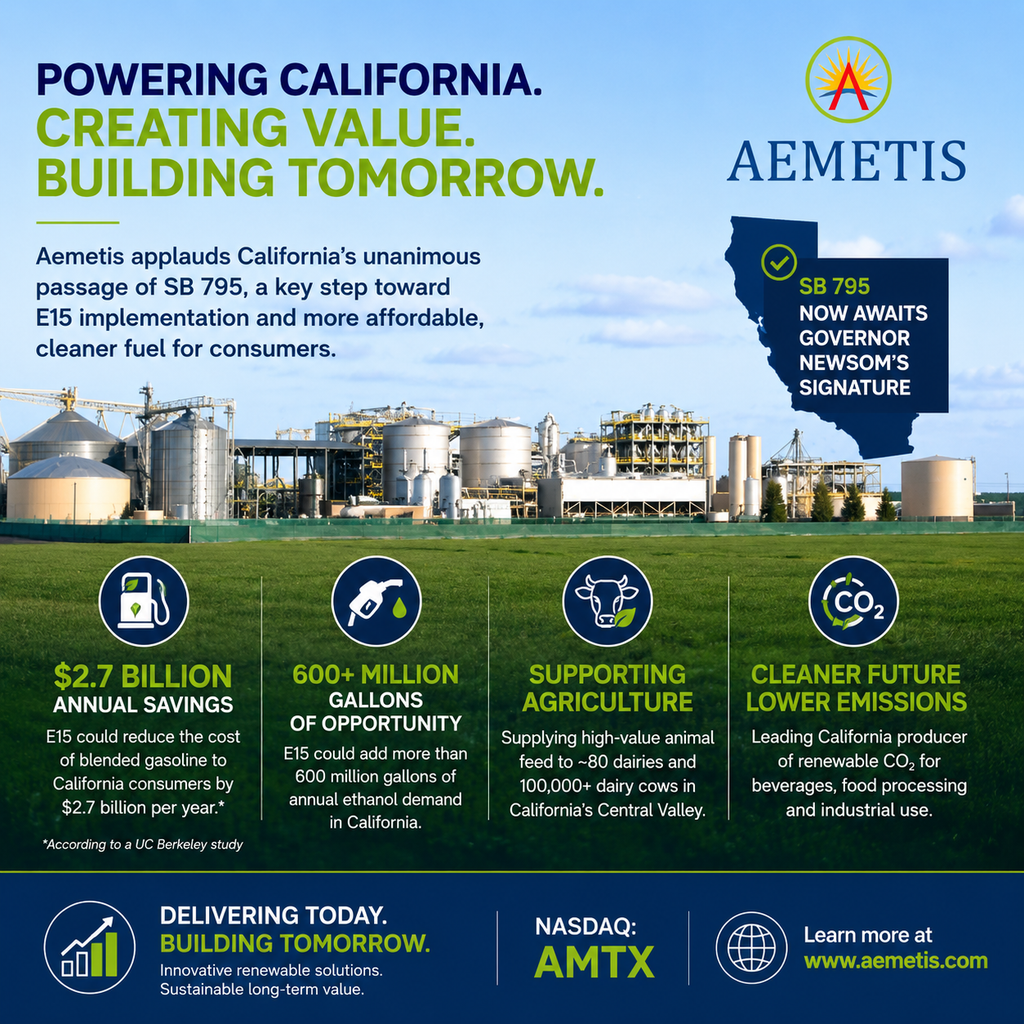 Aemetis Praises Unanimous Legislative Passage of California E15 Implementation Legislation  v