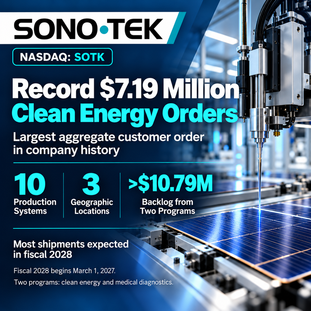 Sono-Tek Announces Record $7.19 Million in Orders from Advanced Clean Energy Sector Customer