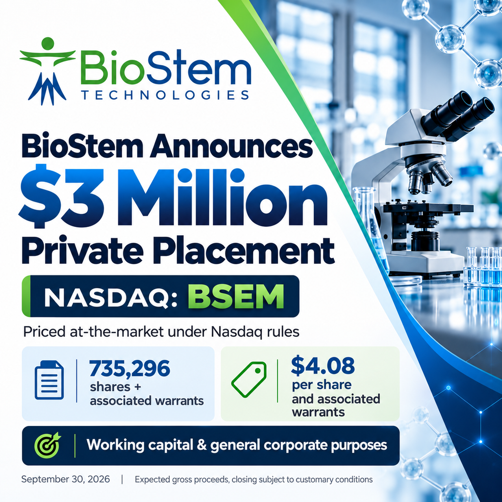 BioStem Technologies Announces $3 Million Private Placement