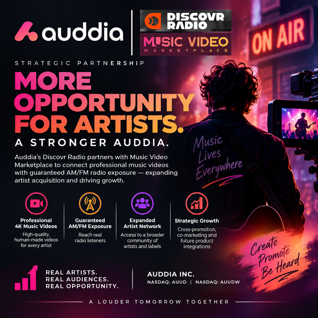 Auddia’s Discovr Radio Partners with Music Video Marketplace to Pair Independent Artists with Professional Music Videos and Guaranteed Radio Exposure