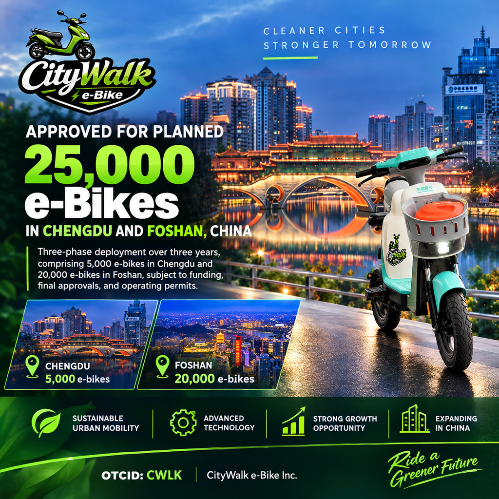 CityWalk e-Bike Receives Approval for Planned 25,000-Vehicle Deployment in Chengdu and Foshan