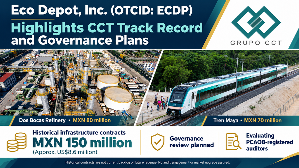 Eco Depot's Construction Subsidiary Brings Approximately MXN 150 million (US$8.6 million) in Selected Contracts on Two Landmark Infrastructure Projects