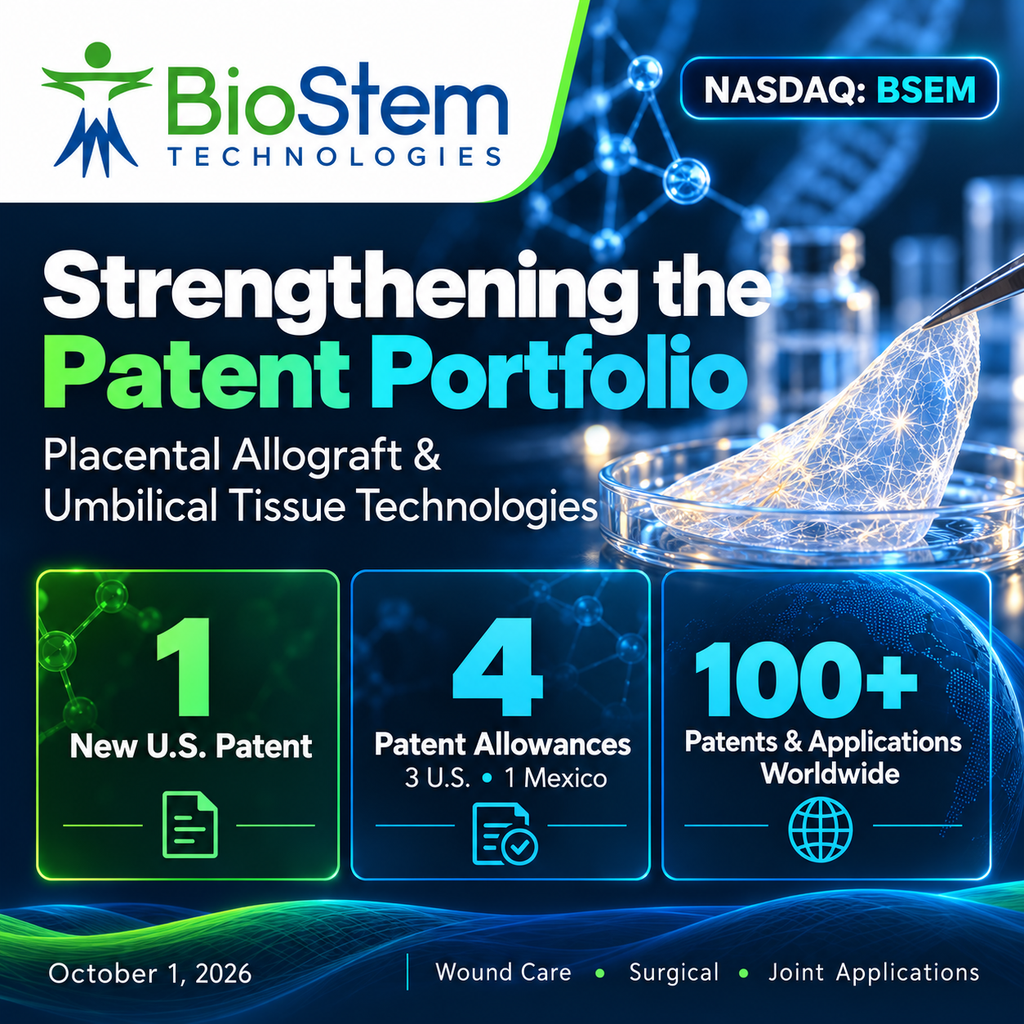 BioStem Technologies Strengthens Placental Allograft and Umbilical Tissue Patent Portfolio