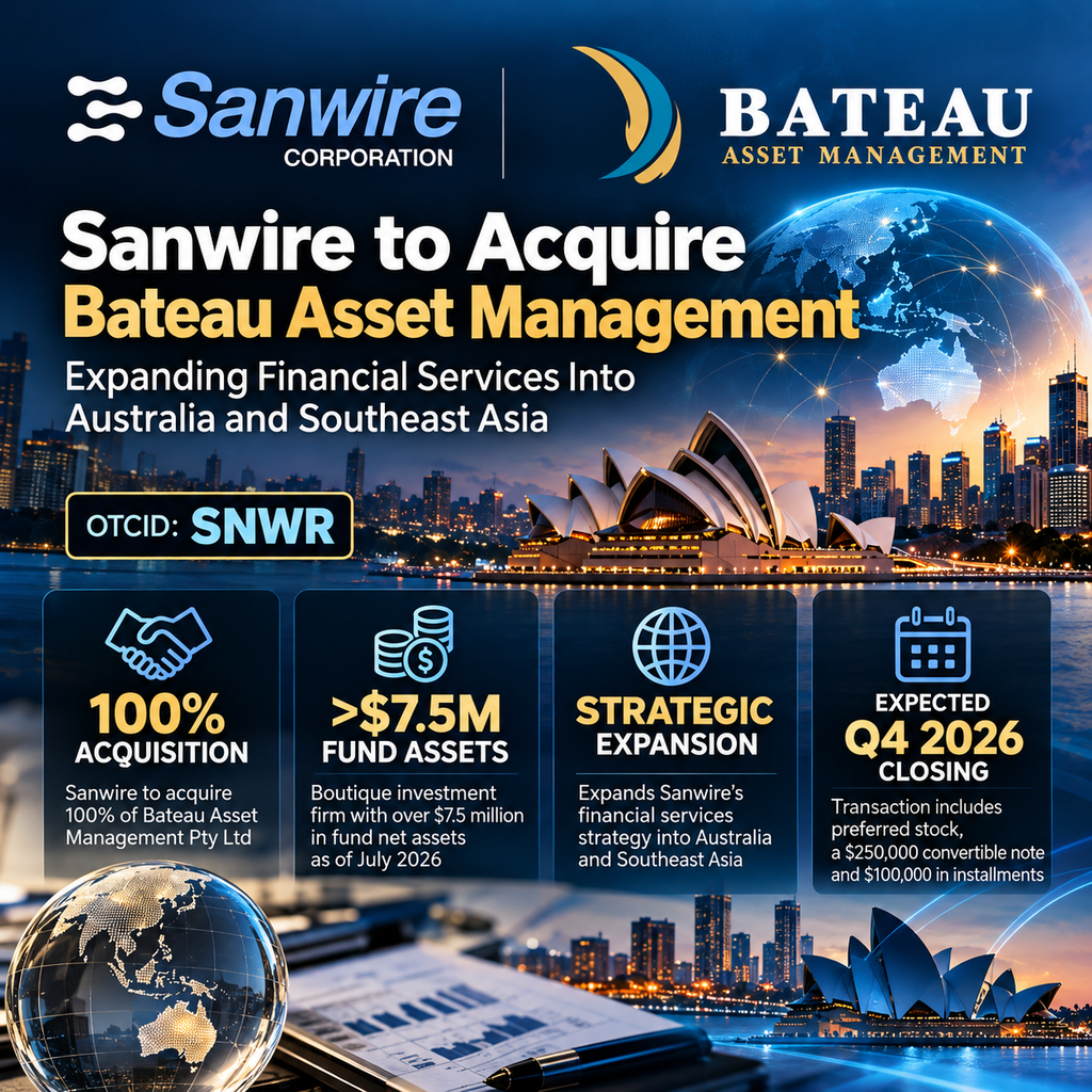 Sanwire Signed Agreement to Acquire 100% of Australia-based Bateau Asset Management Pty Ltd