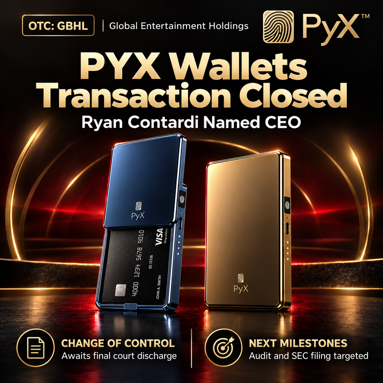 Global Entertainment Holdings Closes Stock Purchase Agreement with PYX Wallets and Changes Name to PyX Wallets Inc.