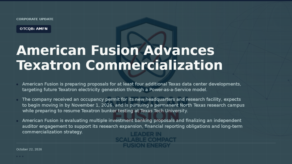 American Fusion Advances Texatron Commercialization With Four New Texas Data Center Proposals