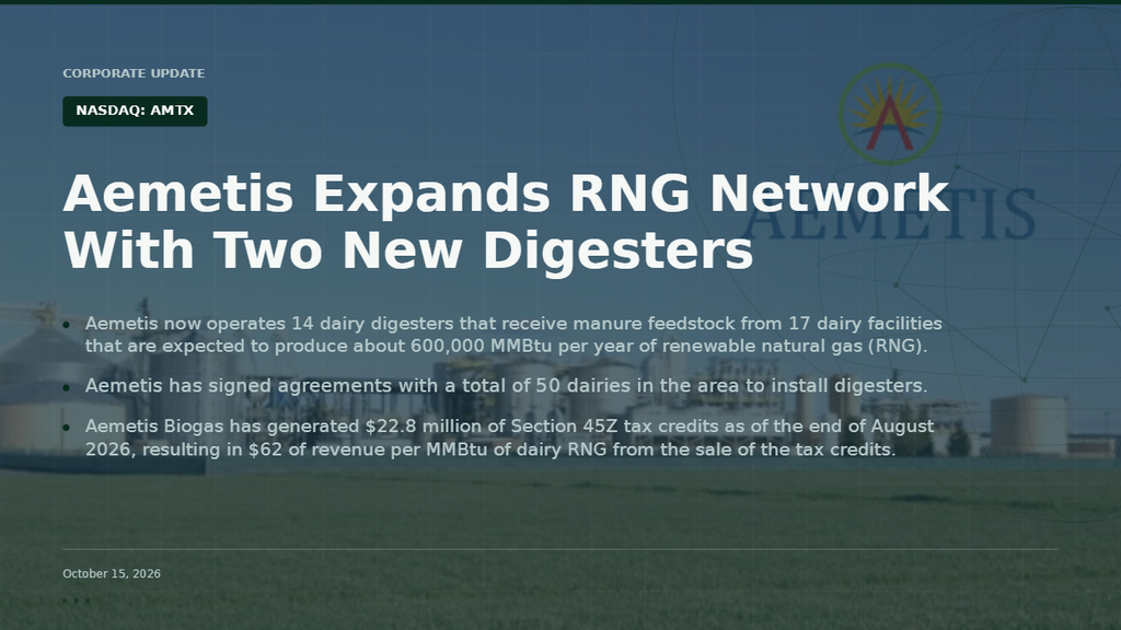 Aemetis Begins Operation of Two New Biogas Digesters